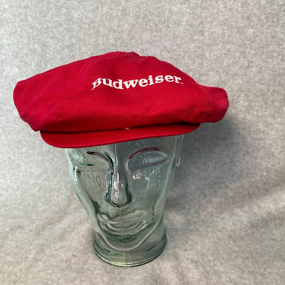 Vintage Budweiser Newsboy Pageboy Hat Red Embroidered M&B Headwear Made In USA
